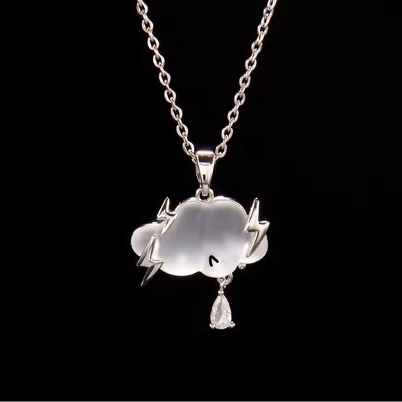 Moon Goddess Emporium Jewelry - 18K White Gold White Opalescent Cloud Lightning Bolts Diamond Rain Drop Necklace
